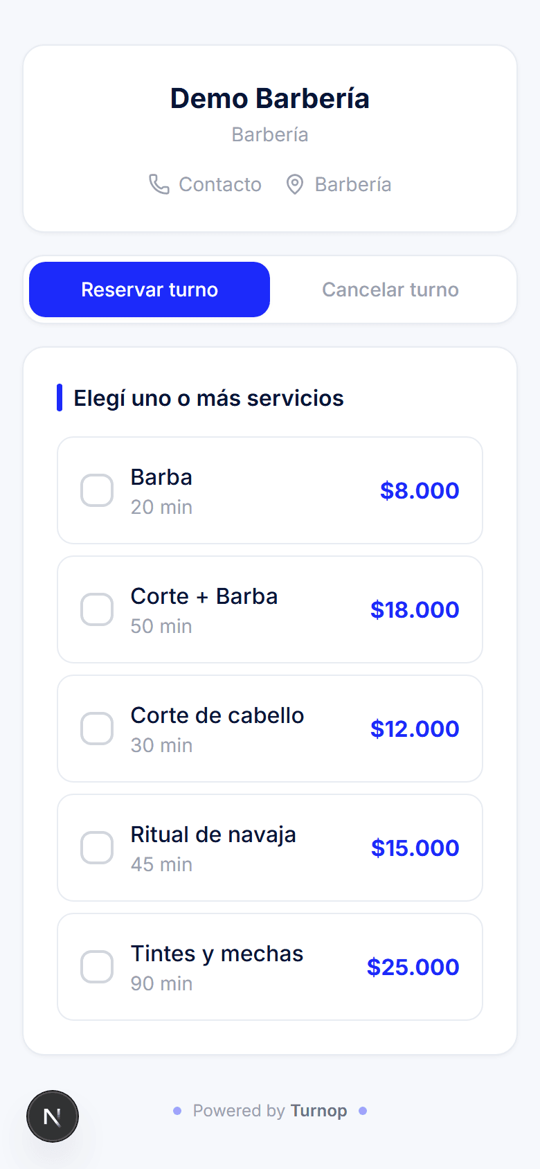 La página de reservas del comercio en el celular del cliente