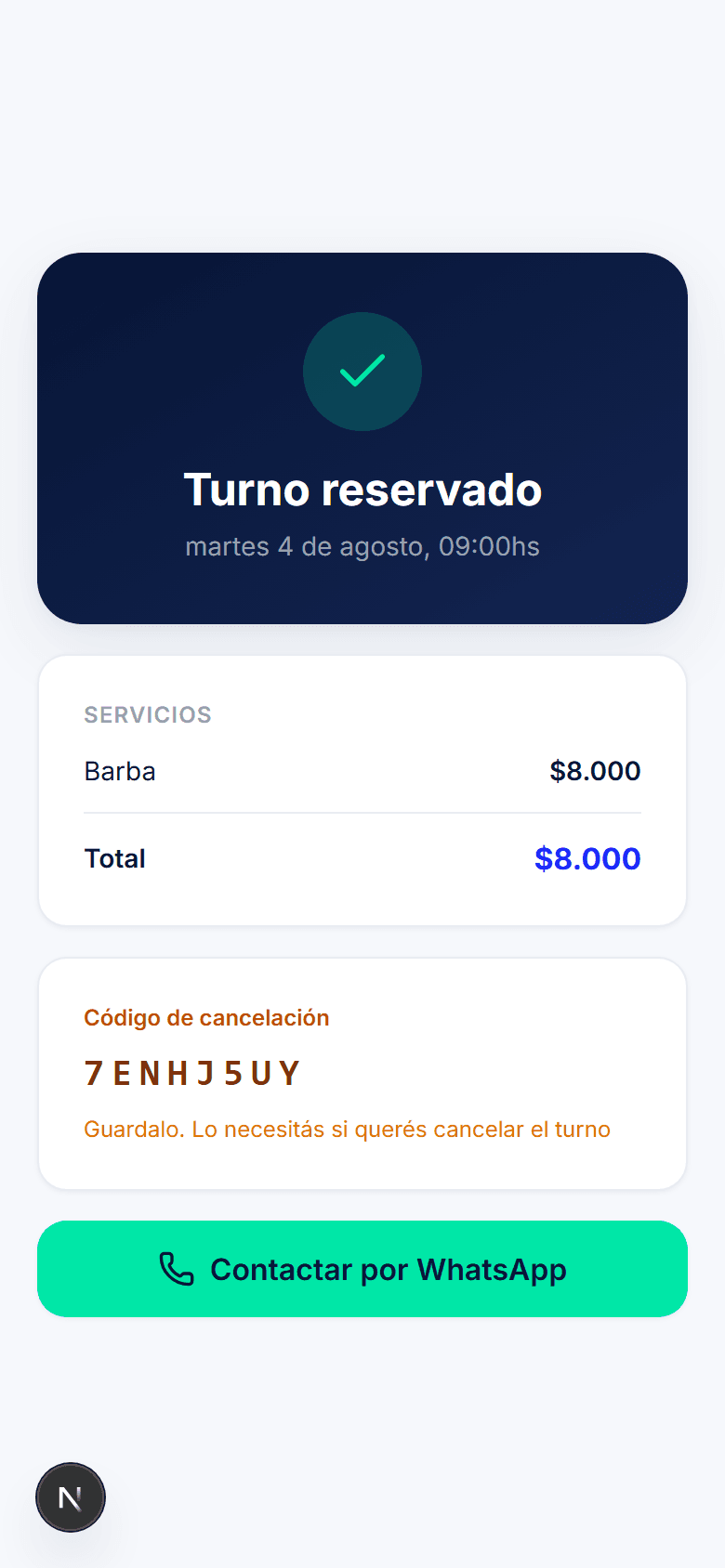 El cliente confirma su turno desde el celular y recibe su código